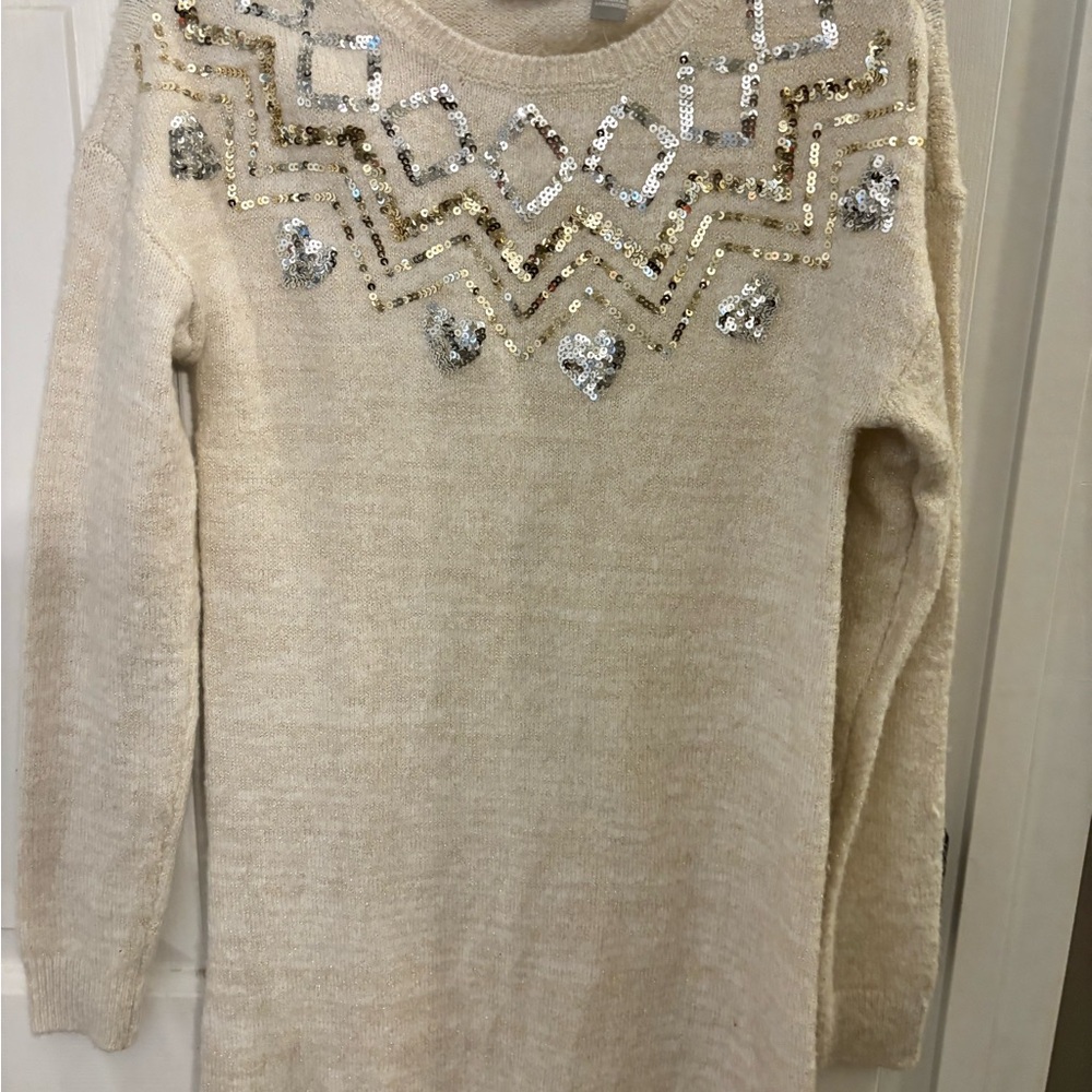 Girls Sequin Embellished Cream Sweater Dress